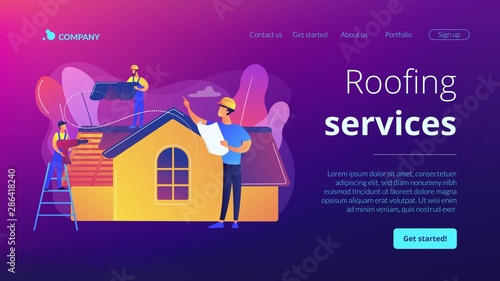 Building repair. Housetop renovation and roof reconstruction. Roofing services, roof repair support, peak roofing contractors concept. Website homepage landing web page template.