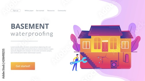 Leak fixing, foundation repair. Plumbing, pipes leakage in cellar. Basement services, best basement contractors, basement waterproofing concept. Website homepage landing web page template.