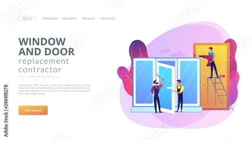 Windows installment and repair. Windows and doors services, replacement and installation, window and door replacement contractor concept. Website homepage landing web page template.