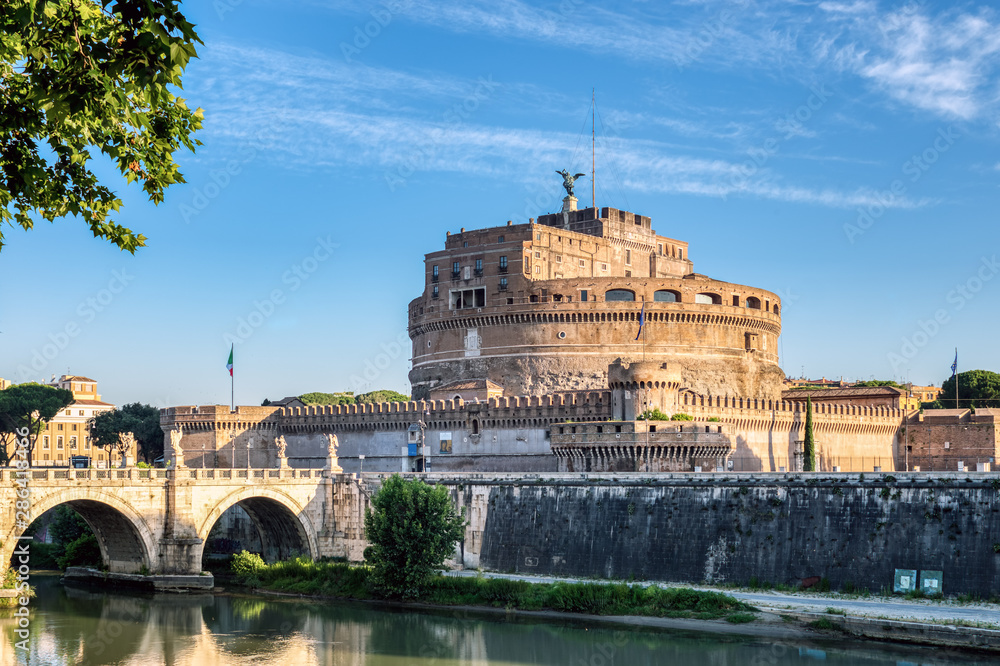 Side View of Castel Sant'Angelo and Ponte Sant'Angelo bridge - Rome, Italy.