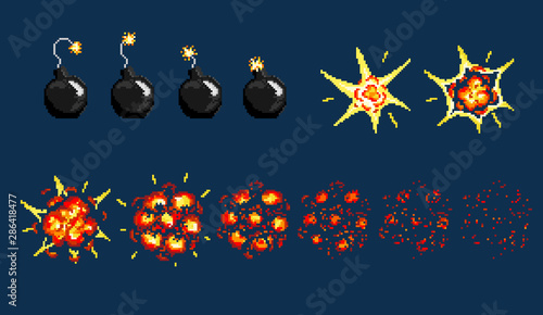 Pixel art detonation of bomb. Game icons set. Comic boom flame effects for emotion.