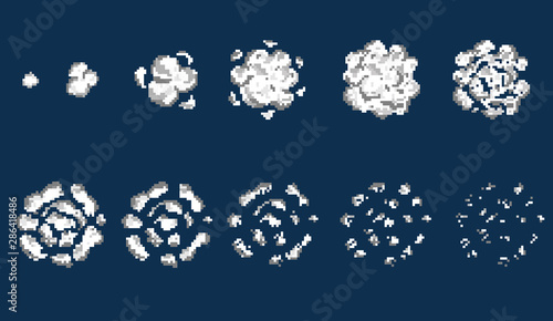 Pixel art cloud of smoke. Game icons set. Comic boom flame effects for emotion.