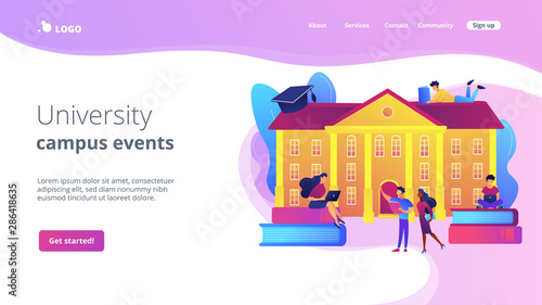 Students interacting with each other, making friends at university. College campus tours, university campus events, on-campus learning concept. Website homepage landing web page template.