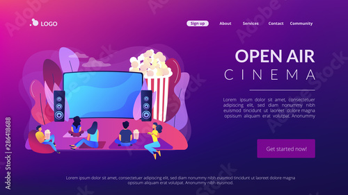 Movie night with friends. Watching film on big screen with sound system. Open air cinema, outdoor movie theater, backyard theater gear concept. Website homepage landing web page template.
