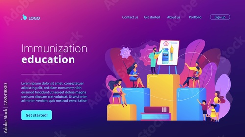 Immunity protection, preventive medicine. Immunization education, education info about vaccines, educate parents about vaccinations concept. Website homepage landing web page template.