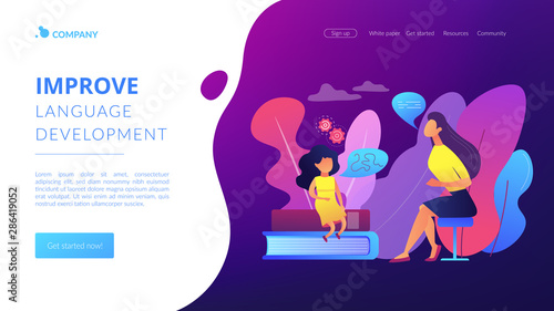 Speech-language pathologist. Basic language skills. Articulation problem. Speech therapy, language therapy, improve language development concept. Website homepage landing web page template.