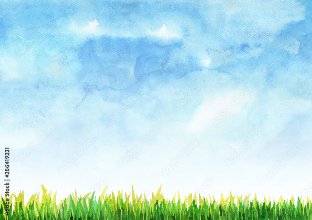 Green grass filed with blue sky watercolor hand painting background.