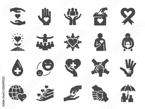 Charity icon set. Included icons as kind, care, help, share, good, support and more.