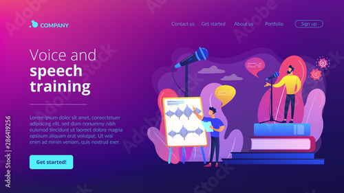 Elocution lesson. Speech improvement. Recording studio. Voice and speech training, voice projection techniques, improve your spoken skills concept. Website homepage landing web page template.