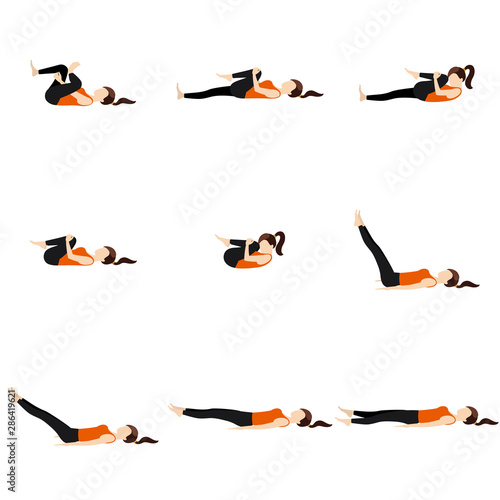 For digestion press and relaxion yoga poses set/ Illustration stylized woman practicing lying yoga postures