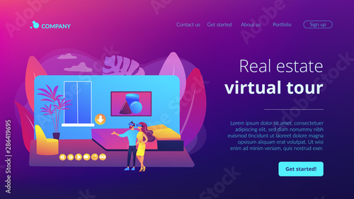 Couple in VR glasses. Property virtual reality simulation. Real estate virtual tour, VR virtual house tour, virtual tours creating services concept. Website homepage landing web page template.