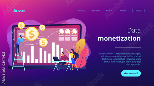 Tiny business people and analysts transforming data into money. Data monetization, monetizing of data services, selling of data analysis concept. Website vibrant violet landing web page template.