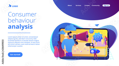 Tiny people, marketer with megaphone, consumers data analysis. Data driven marketing, consumer behaviour analysis, digital marketing trend concept. Website vibrant violet landing web page template.