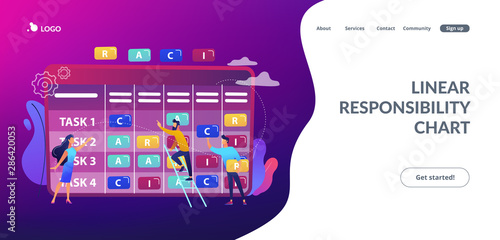 Tiny business people at responsibility chart with tasks. RACI matrix, responsibility assignment matrix, linear responsibility chart concept. Website vibrant violet landing web page template.