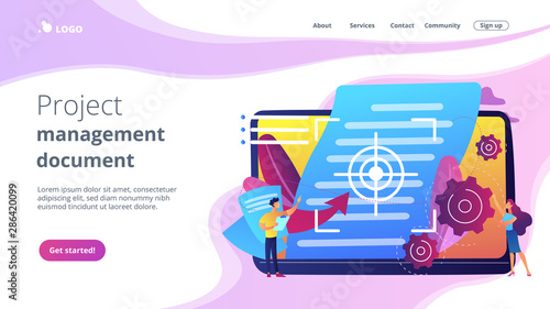 Tiny people project managers work on vision and scope document. Vision and scope document, project main plan, project management document concept. Website vibrant violet landing web page template.