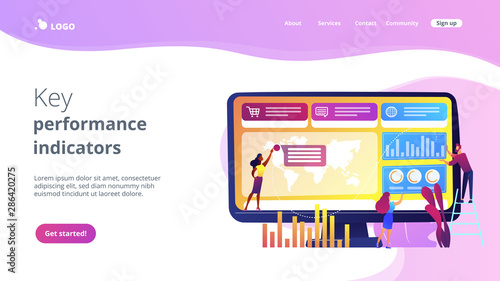 Tiny business people build dashboard and analyze statistics. Dashboard service, online reporting mechanism, key performance indicators concept. Website vibrant violet landing web page template.