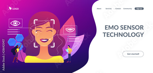 Tiny people scientists identify womans emotions from voice and face. Emotion detection, emotional state recognizing, emo sensor technology concept. Website vibrant violet landing web page template.