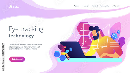 Businessman and technology measuring eye position and movement, tiny people. Eye tracking technology, gaze tracking, eye position sensor concept. Website vibrant violet landing web page template.