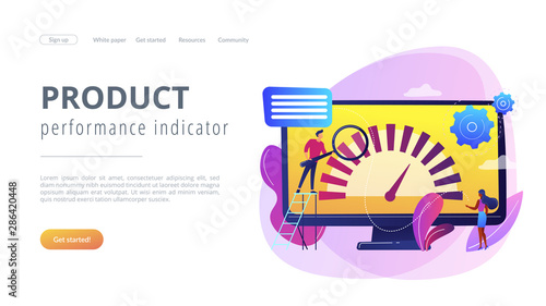 Tiny business people look at product performance indicator. Benchmark testing, benchmarking software, product performance indicator concept. Website vibrant violet landing web page template.