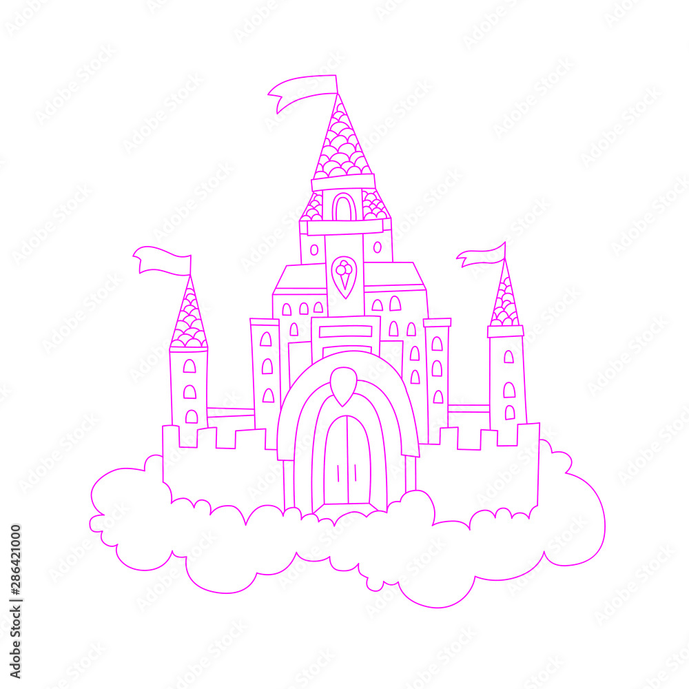 vector cartoon lined illustration of pink princess magic castle in clouds. pink princess magic castle in blue clouds, with flags and torrets, pastel pink color. Cute line cartoon princess castle