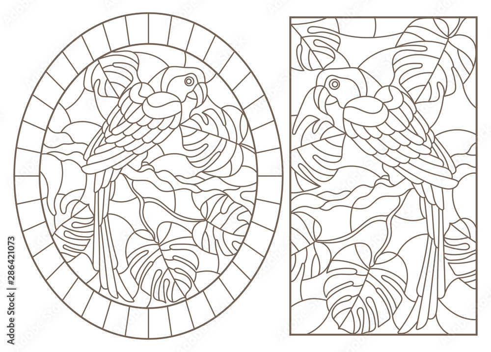 Obraz premium Set contour illustrations with birds parrots and leaves of tropical plants, dark contours on white background
