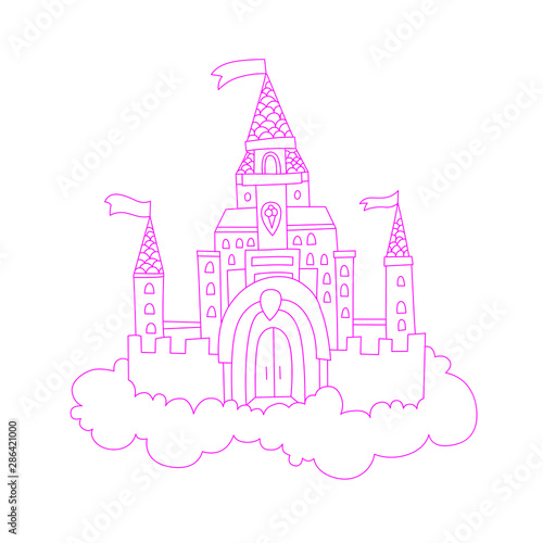 vector cartoon lined illustration of pink princess magic castle in clouds. pink princess magic castle in blue clouds, with flags and torrets, pastel pink color. Cute line cartoon princess castle photo