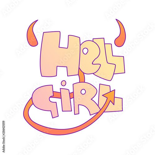 Cute cartoon Hell Girl lettering with evil tail, horns. Disobedient little princess, cute hell girl, bad girl lettering cartoon concept evil horns and tail. Bad girl lettering concept