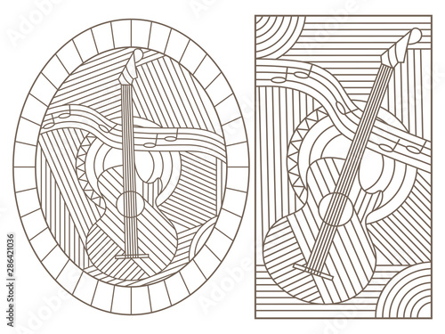 A set of contour illustrations of stained glass Windows on the theme of music, abstract guitars and notes, dark contours on a white background