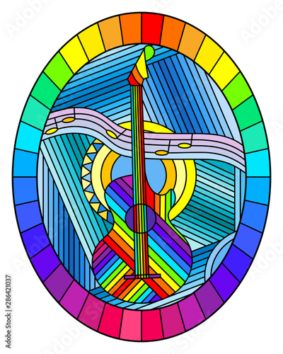 Illustration in stained glass style on the theme of music, abstract guitar and notes on a blue background, oval image in bright frame