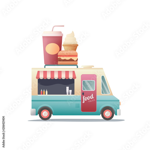 food truck. flat vector street food. vehicle and fastfood delivery transport with hamburger. illustration set of drinks or ice cream. isolated on white background