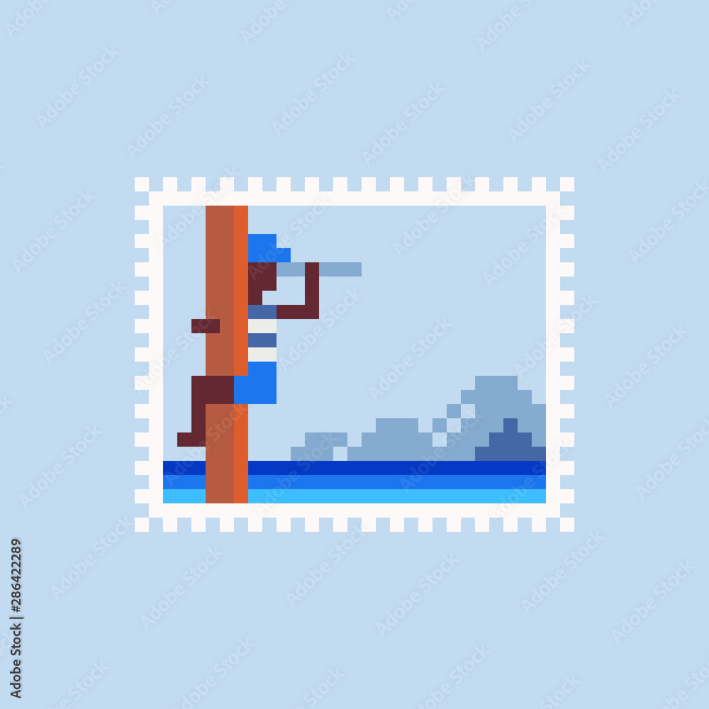 Man on the mast looks through a telescope, vintage postmark template pixel art icon. Design for logo, sticker and mobile app. Сartoon flat style. Isolated vector illustration. 
