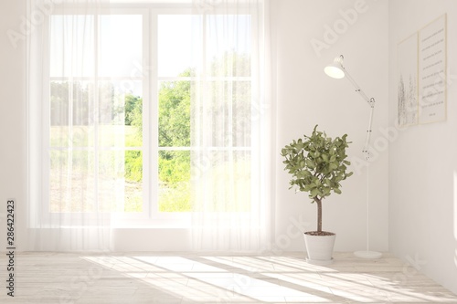 Stylish empty room in white color with summer landscape in window. Scandinavian interior design. 3D illustration