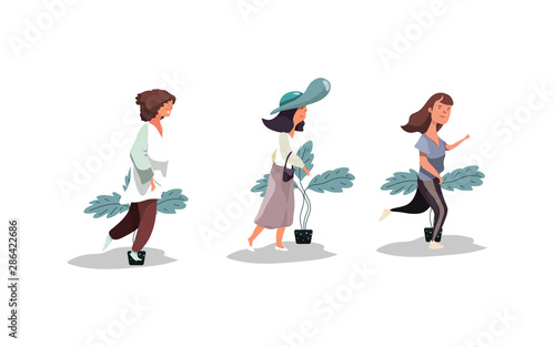 Bundle of young women or girl walking dancing and smile. Cute cartoon characters. Flat vector illustration.