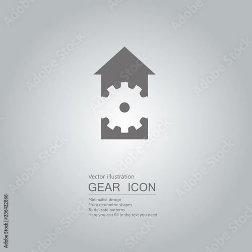 Arrows and gears. The background is a gray gradient.	
