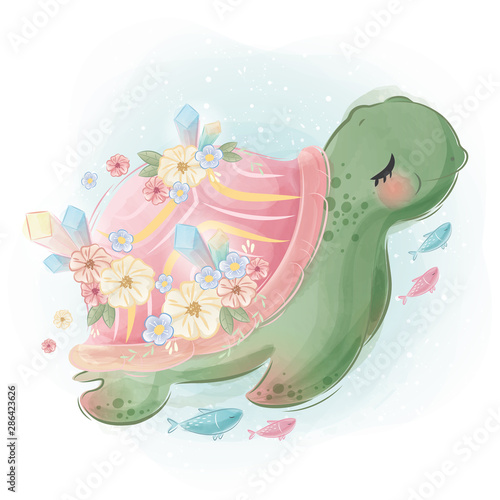 Cute Turtle Swimming with Little Fishes