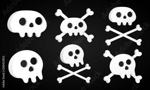 6 Simple flat style design sculls with crossed bones set icon sign vector illustration isolated on black background. Human part head, Jolly Roger pirat flag symbol or halloween scary decoration