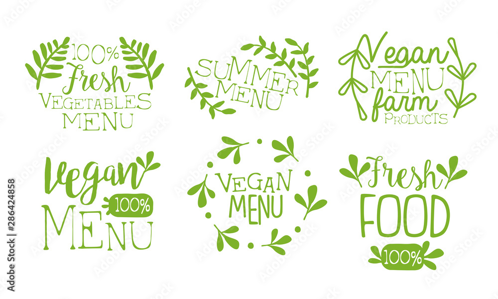 Fresh Vegan Menu Labels Set, Fresh Farm Products Summer Menu Hand Drawn Badges Vector Illustration