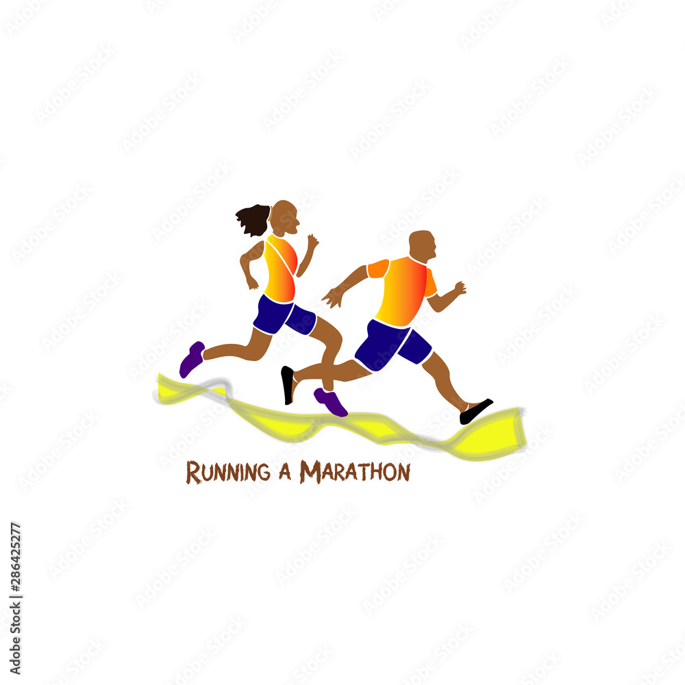 Two marathon runners are running towards the finish line