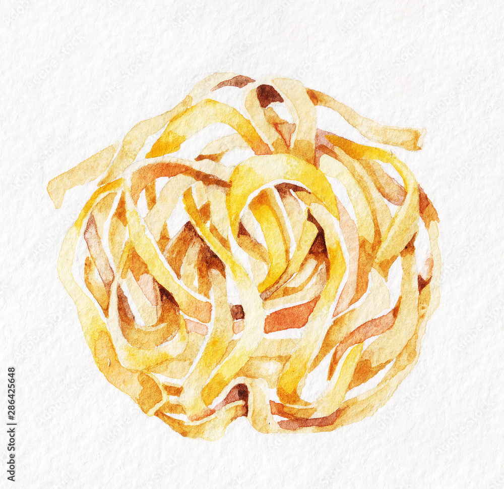 Pasta. Fettuccine, tagliatelle. Watercolor hand drawing. Food