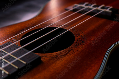 Close up of ukulele on old background