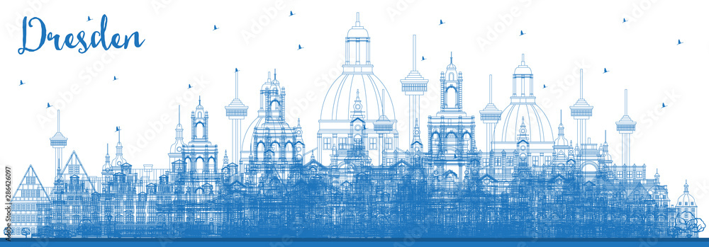 Outline Dresden Germany City Skyline with Blue Buildings.