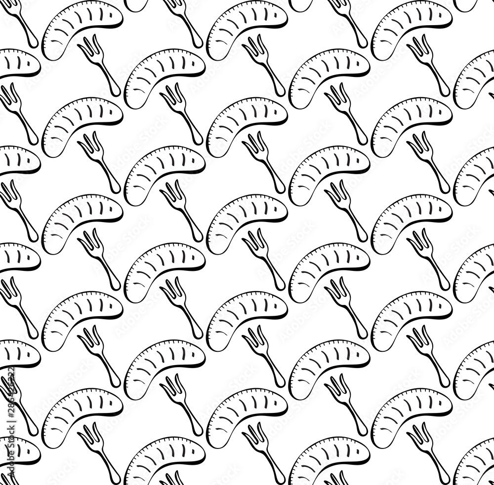 Black fried sausage on fork icon lines isolated seamless pattern on white background. Vector illustration. Hot dog sandwich with mustard line icon. Fast food sign. Black fried sausage on fork icon lines isolated seamless pattern on white background. Vector illustration. Hot dog sandwich with mustard line icon. Fast food sign.