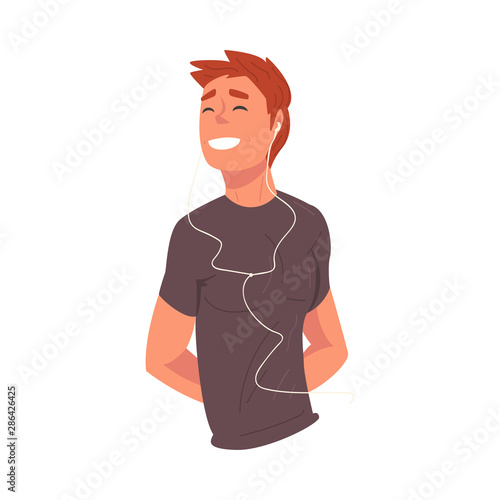 Smiling Guy Wearing Earphones Listening to Music, Happy Boy Using Smartphone or Audio Player Vector Illustration