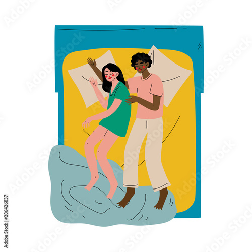 Interracial Couple Sleeping Together in Double Bed at Night View From Above Vector Illustration