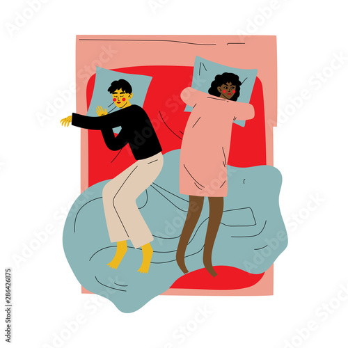 Interracial Couple Sleeping Together in Double Bed at Night, Girl Lying With Open Eyes, Insomnia View From Above Vector Illustration