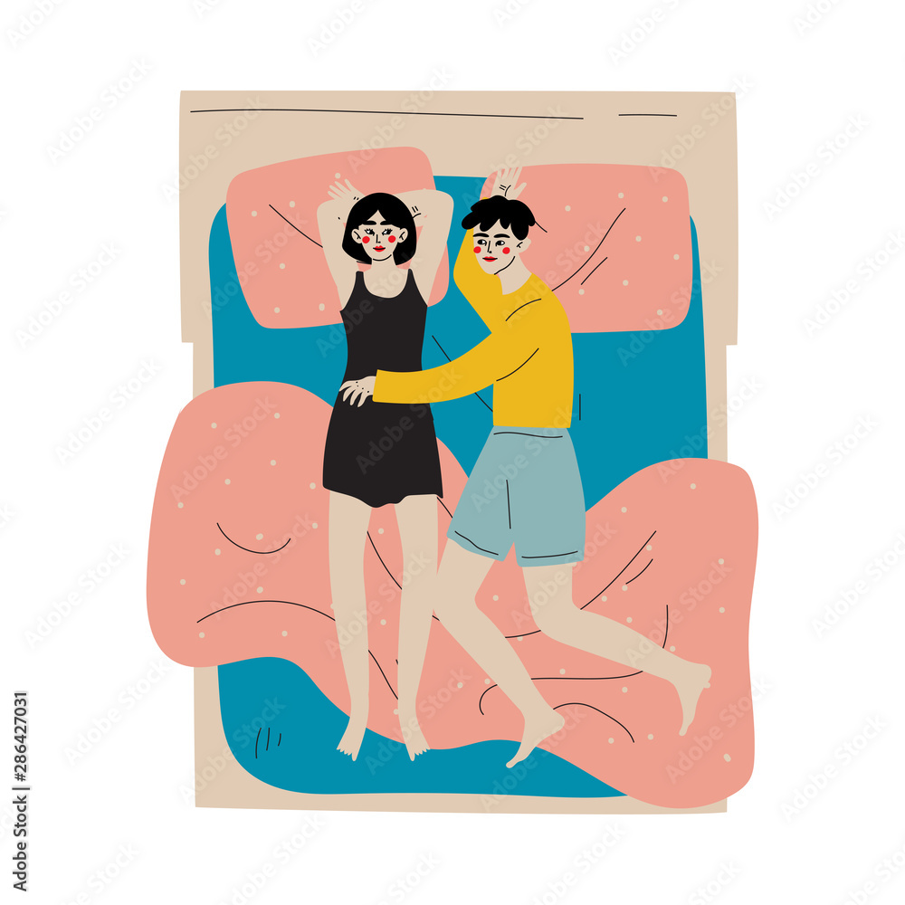 Family Couple Sleeping Together in Bed, Husband Embracing His Wife, View  From Above Vector Illustration Stock Vector | Adobe Stock