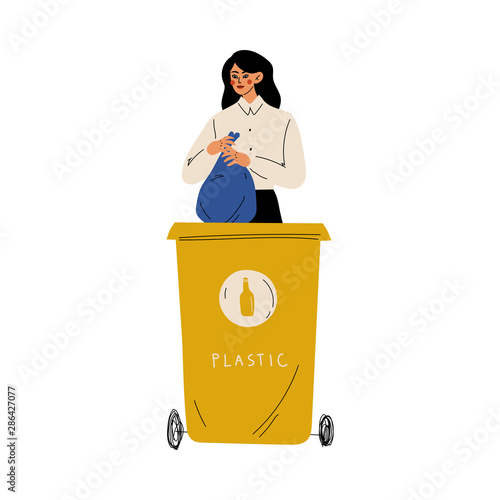Woman Throwing Plastic Waste into Garbage Container, Girl Sorting Waste for Further Processing Vector Illustration