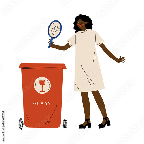 African American Woman Throwing Glass Waste into Garbage Container,Girl Sorting Waste for Further Processing Vector Illustration