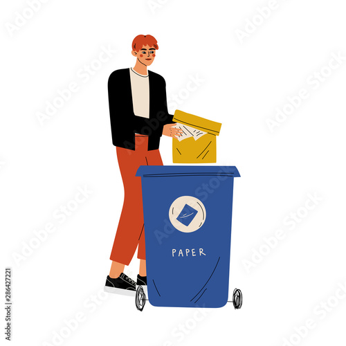 Young Man Throwing Paper Waste into Garbage Container, Guy Sorting Waste for Further Processing Vector Illustration
