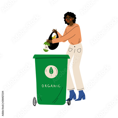 African American Woman Throwing Organic Waste into Garbage Container, Girl Sorting Waste for Further Processing Vector Illustration